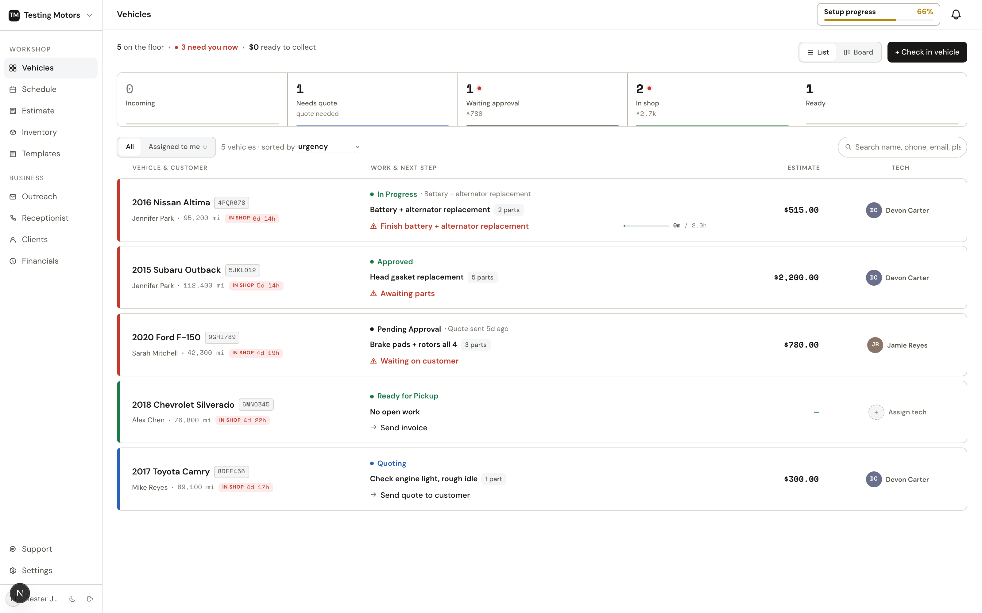List view: the pipeline snapshot bar on top, then every car in the same five slots as the board.